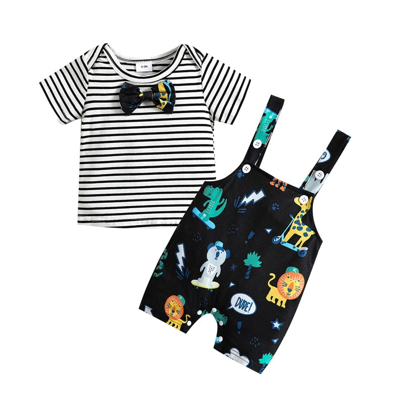 Adorable Newborn Baby Casual Outfit - Short Sleeve Stripe Top and Cartoon Animal Suspender Pants Set