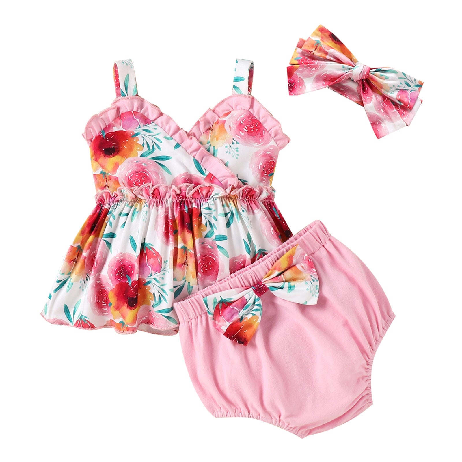 Adorable Baby Girl Clothes Set for Summer - Cartoon Floral Print Ruffles Top, Bowknot PP Shorts, and Headband