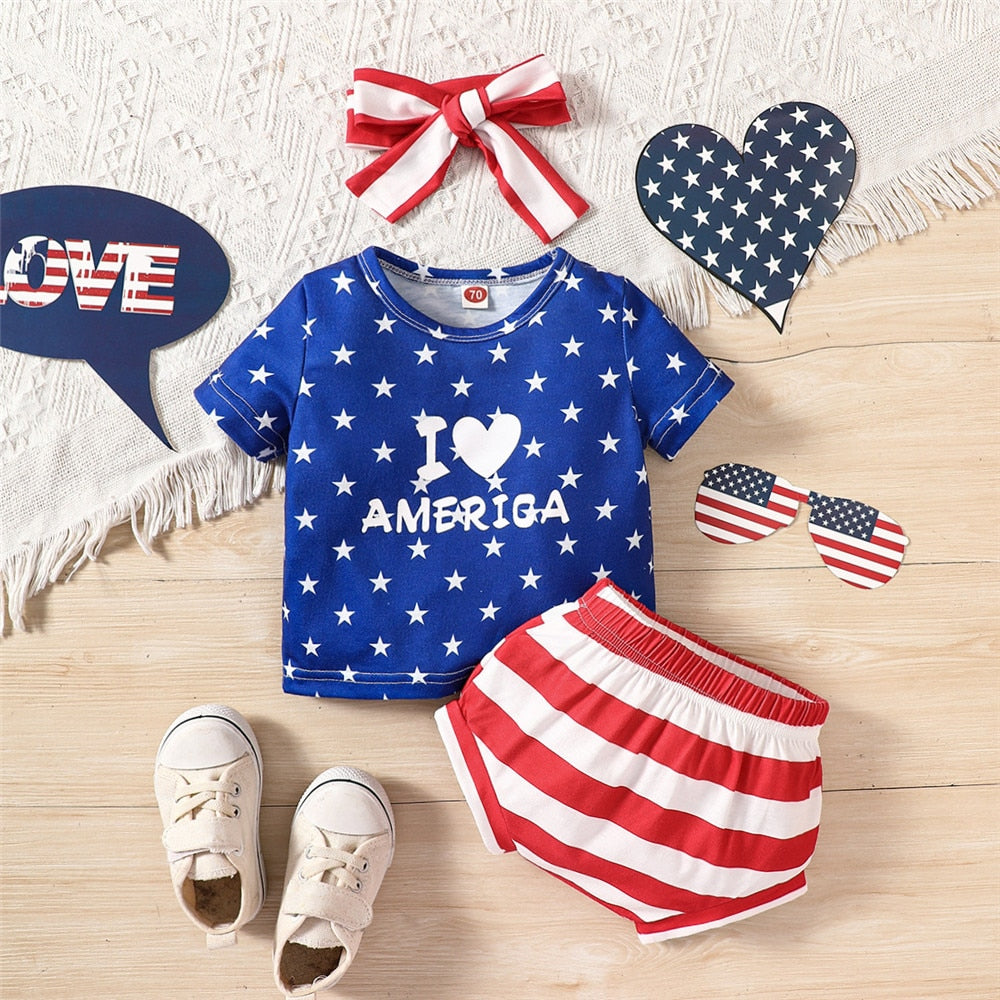 July 4th Baby Girls Outfits: Striped Top and Stars Shorts Set