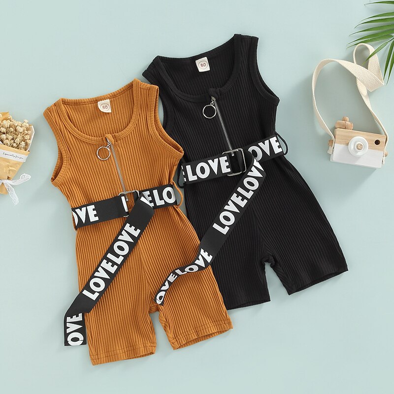 Fashion Kids Girl's Summer Jumpsuit 0-4Y Solid Sleeveless Zipper Ribbed Playsuit Shorts With Letter Printed Belt