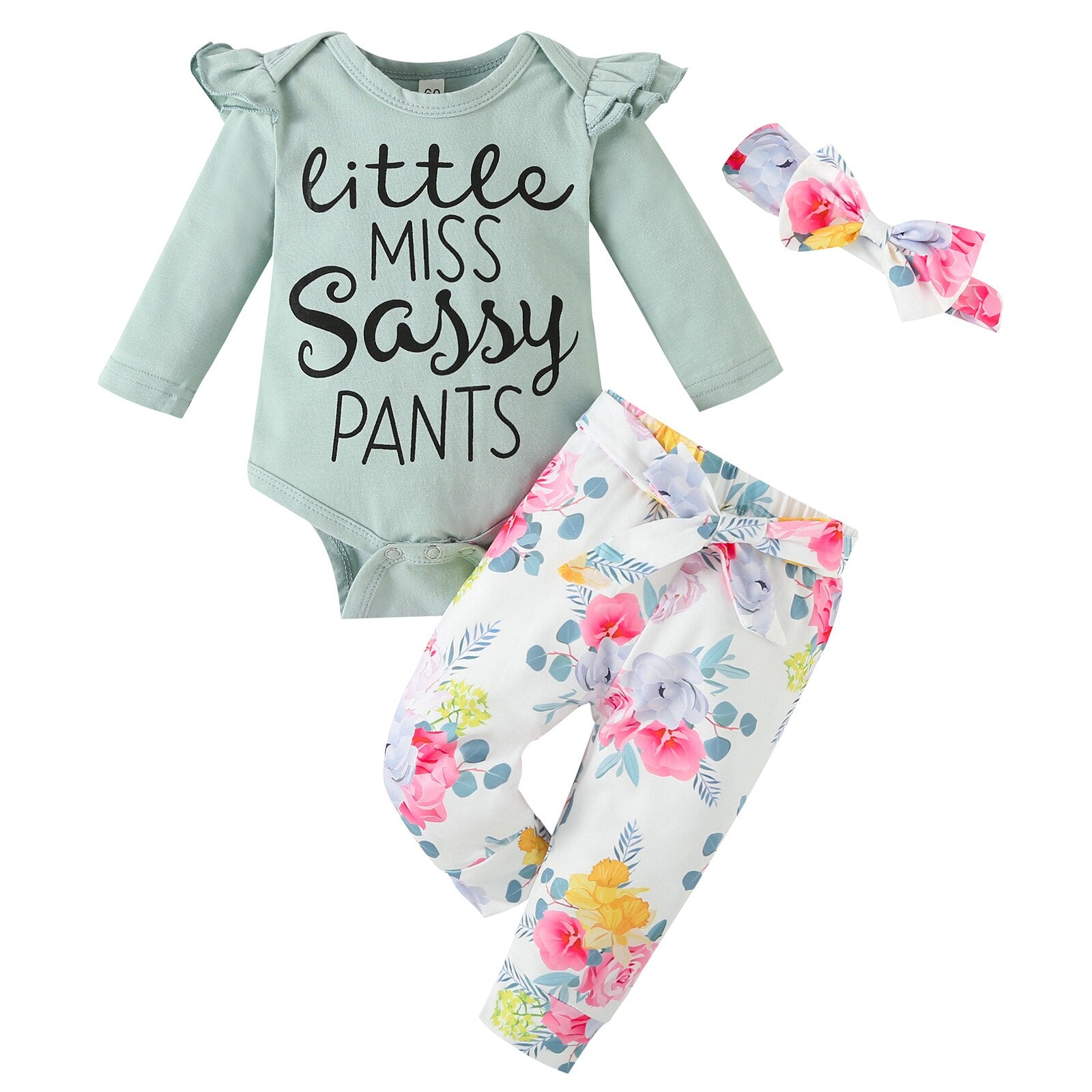 Adorable Insect-Inspired Baby Girl Outfit Set with Ruffled Romper, Printed Top, Bow Pants, and Headband