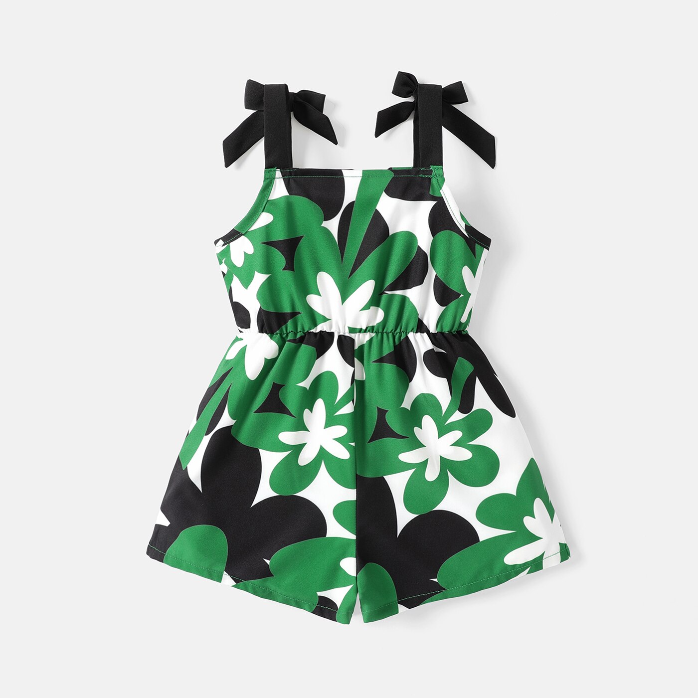 Baby Girl Floral Print Sleeveless Romper Shorts with Bow Detail