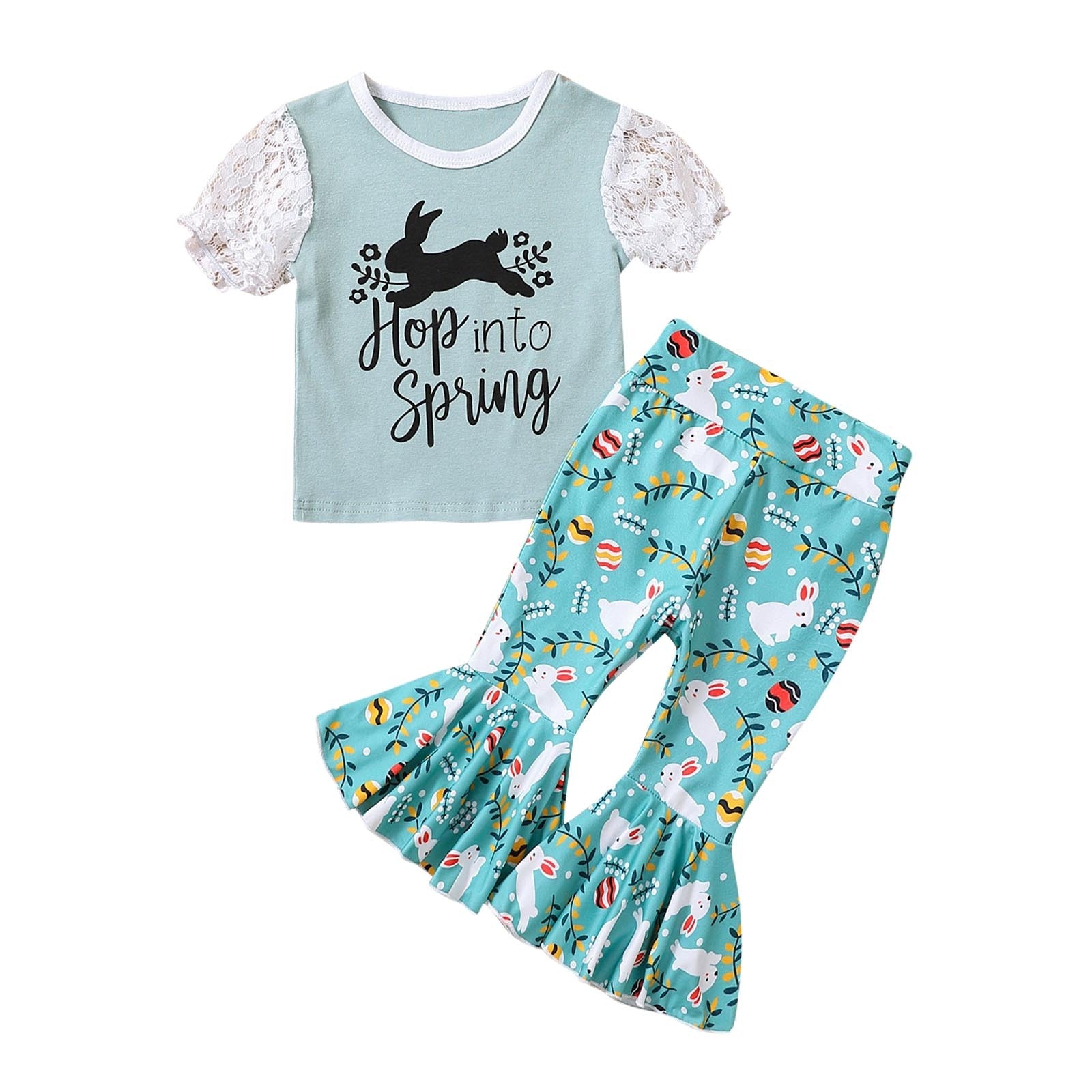Adorable Easter Outfits for Toddler Girls - Short Sleeve Clothes Sets with Cartoon Rabbit Print T-Shirt and Bell Bottoms