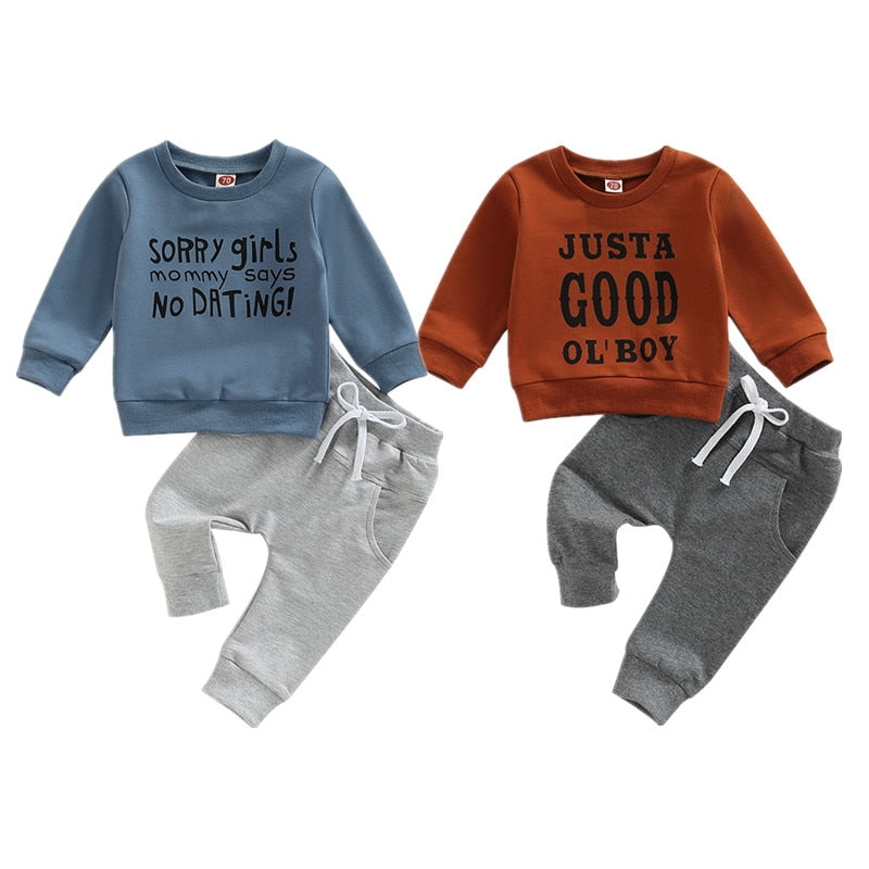 Toddler Baby Boys 2Pcs Outfits Long Sleeve Crew Neck Letter Print Sweatshirt Pullover Tops and Elastic Waist Pocket Pants Set - BabbeZz