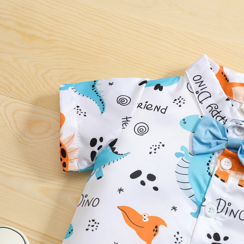 Stylish Summer Baby Boys Clothing Set - Short Sleeve Dinosaur Button-Down Collar Blouse and Drawstring Shorts