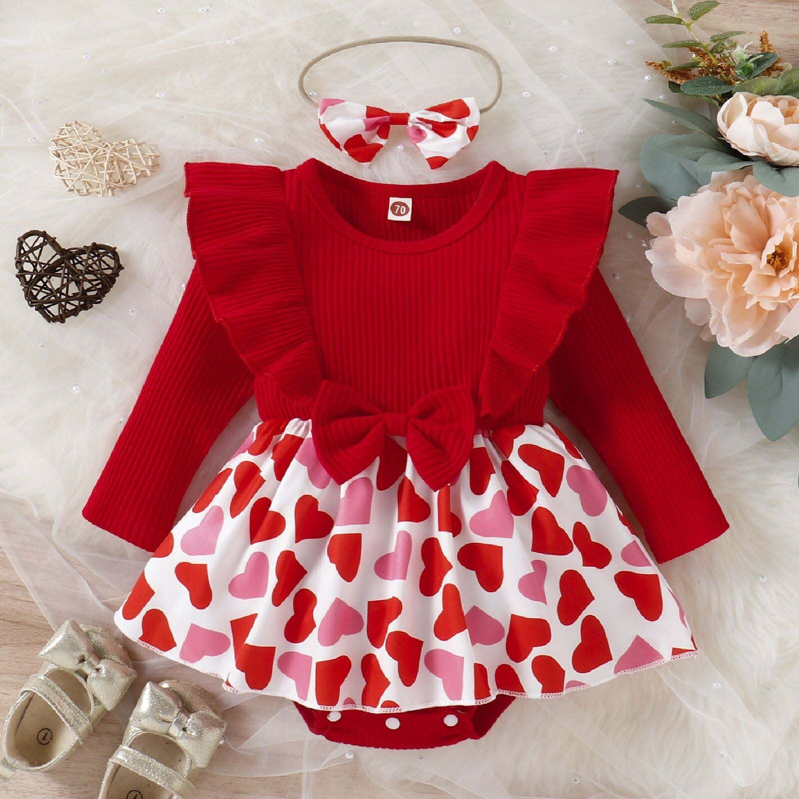 Adorable Infant Girls Valentine's Day Bodysuit Sets - Long Sleeve Rompers with Ribbed Hearts Print and Ruffles