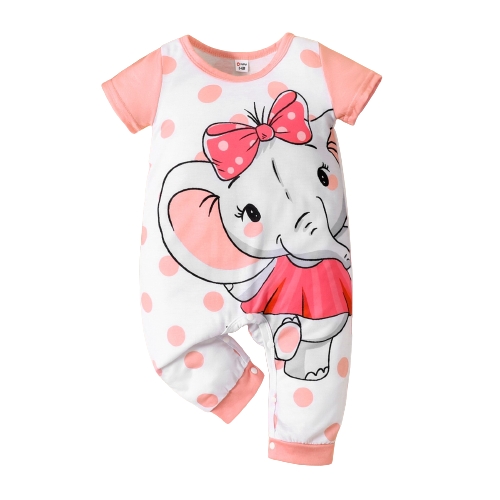 Baby Girl Cartoon Elephant Print Short-sleeve Jumpsuit
