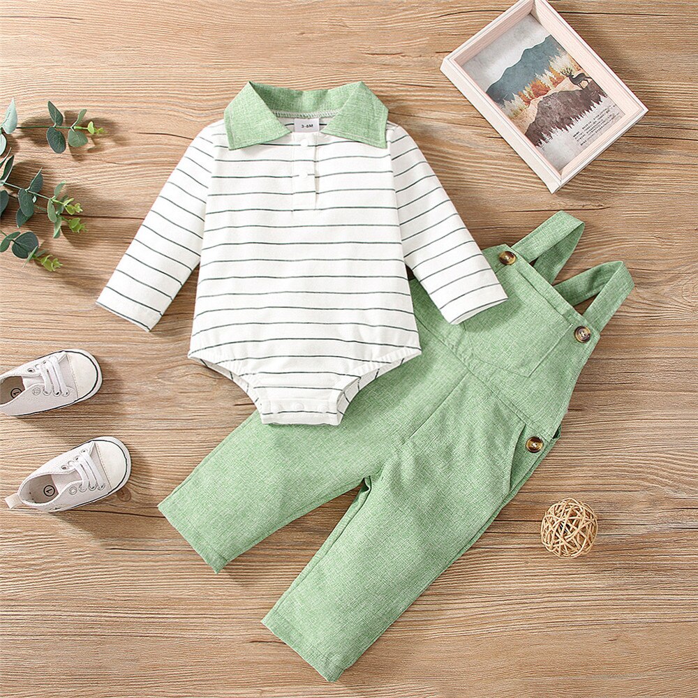 Hot Sale Baby Boys Clothes Set: Striped Bodysuit+Green Overalls