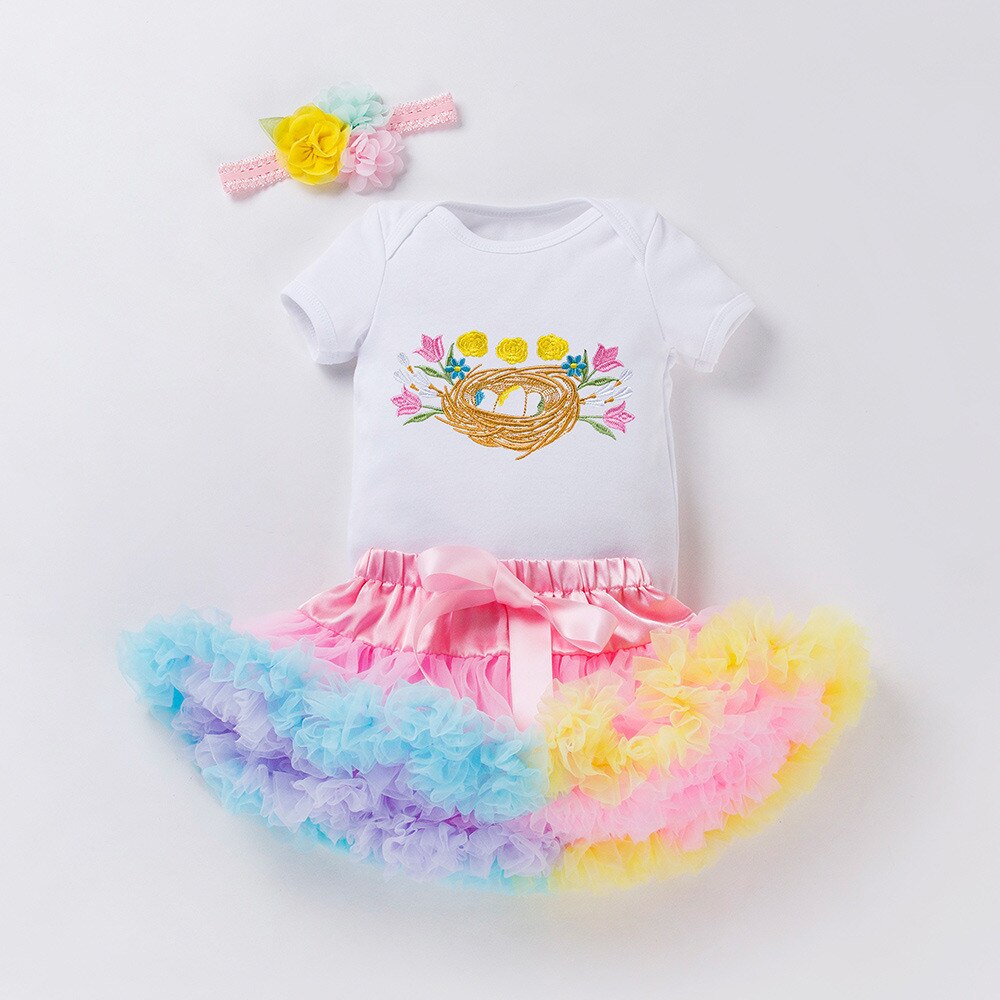 Summer Newborn Girls Clothes Set with Eggs and Flower Print Bodysuit and Tutu Skirt