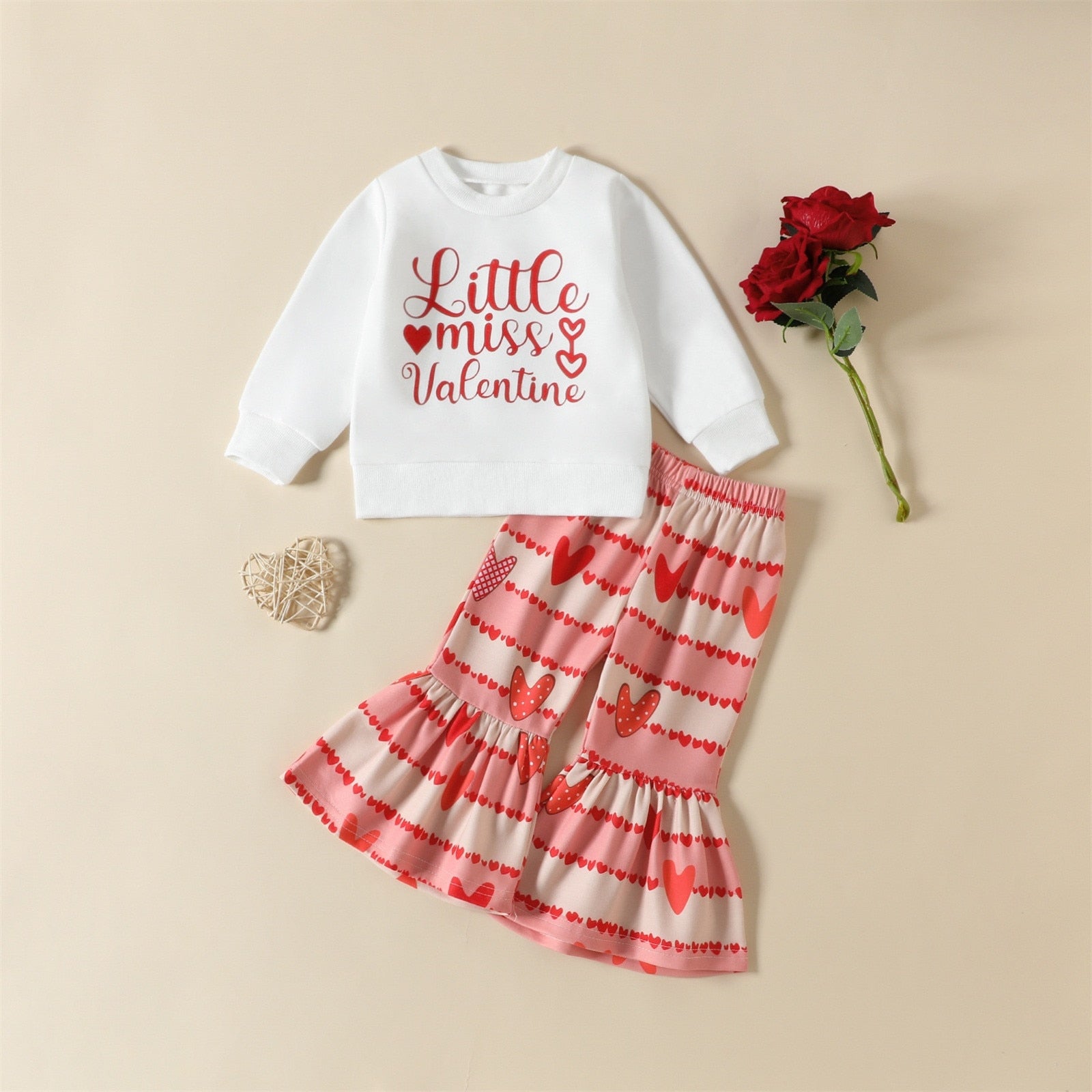 Adorable Valentine's Day Outfit for Little Girls: Love Letter Tops and Heart Flare Pants Set