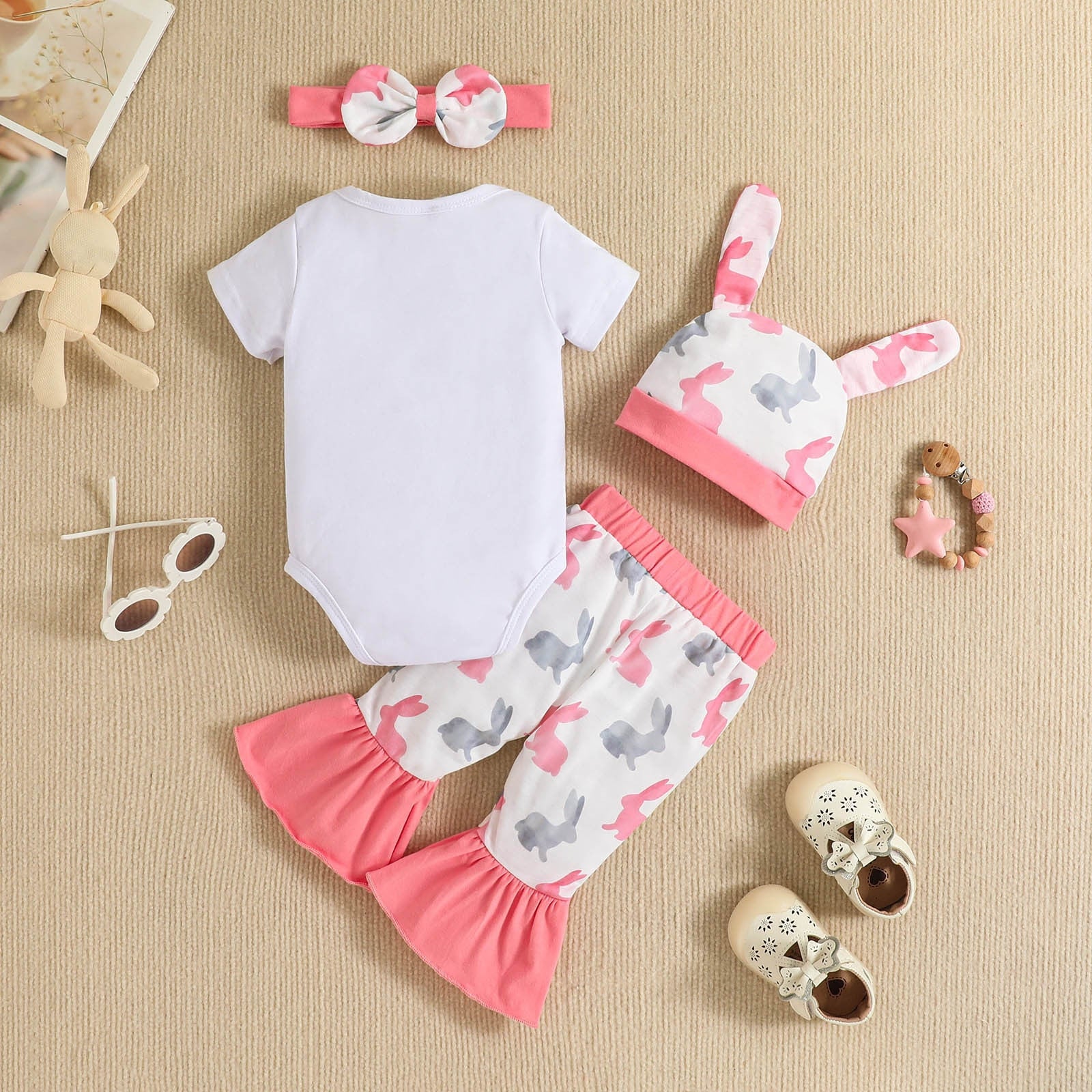 4Pcs Newborn Infant Baby Girls Cute Summer Clothes Sets with Rabbit Theme