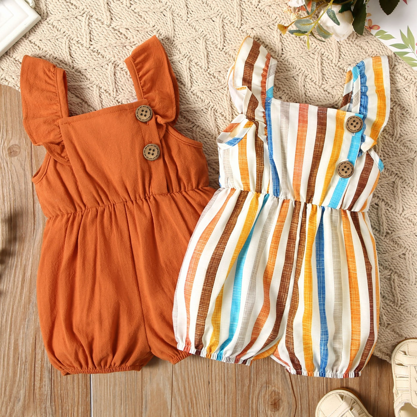 Baby Girl 100% Cotton Sleeveless Romper with Ruffle Trim