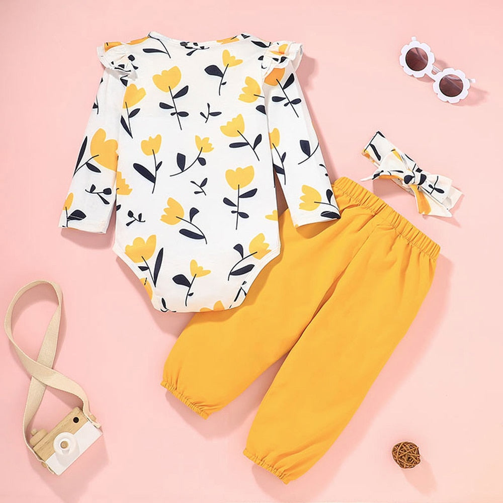 3Pcs Set Infant Toddler Printed Long Sleeve Romper + Trousers +Bandana Newborn Baby Clothes for Girl Cotton Casual Fashion