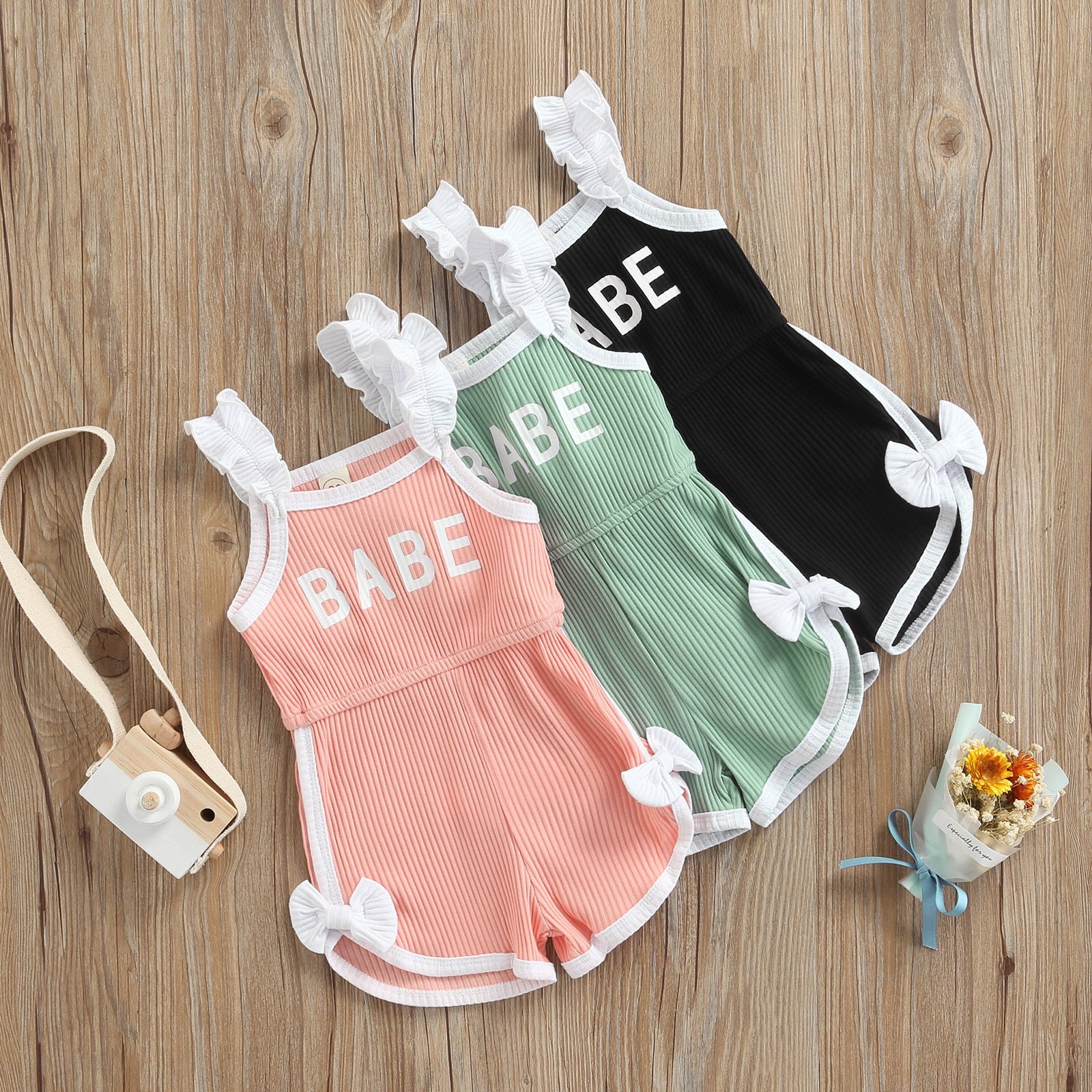 BABE Letter Ruffles Strap Sleeveless High Waist Rompers for Infant Girls