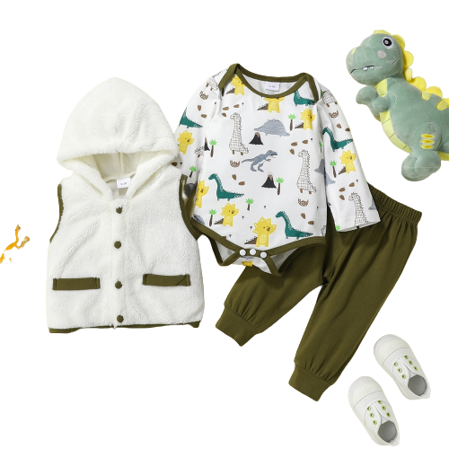 Keep Your Little One Cozy with 3Pcs Baby Clothes Fleece Jacket + Animals Bodysuit + Pants Set