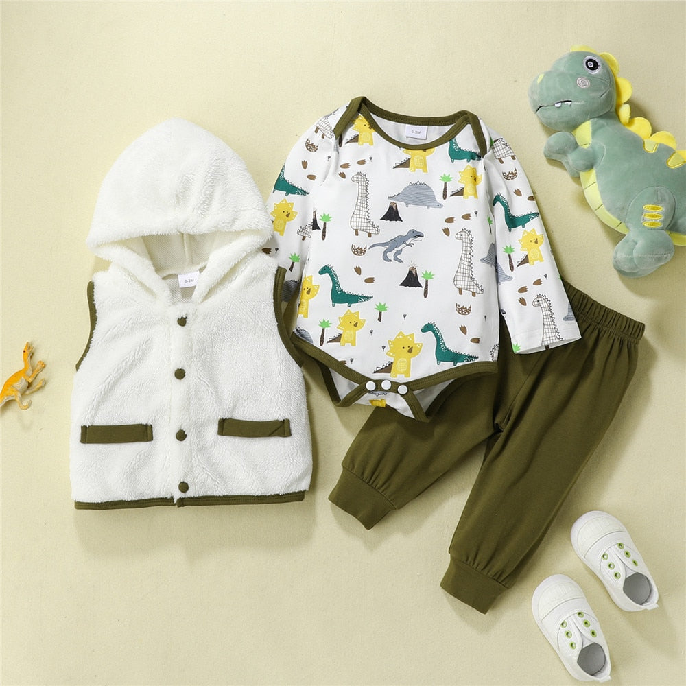 Keep Your Little One Cozy with 3Pcs Baby Clothes Fleece Jacket + Animals Bodysuit + Pants Set