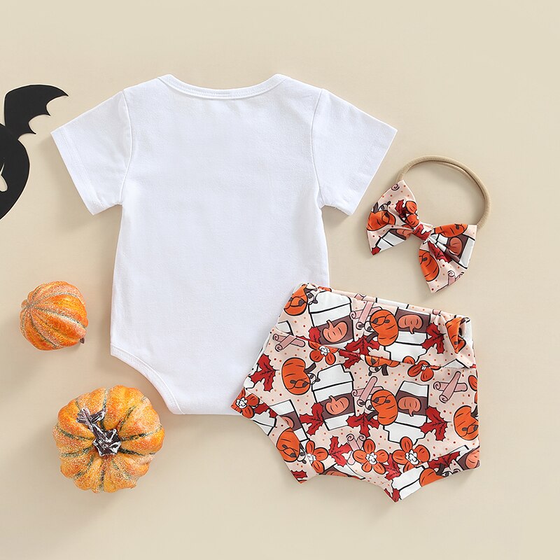 Adorable Halloween Baby Girl Clothes Set - Pumpkin/Letter Print Bodysuits, Shorts and Headband