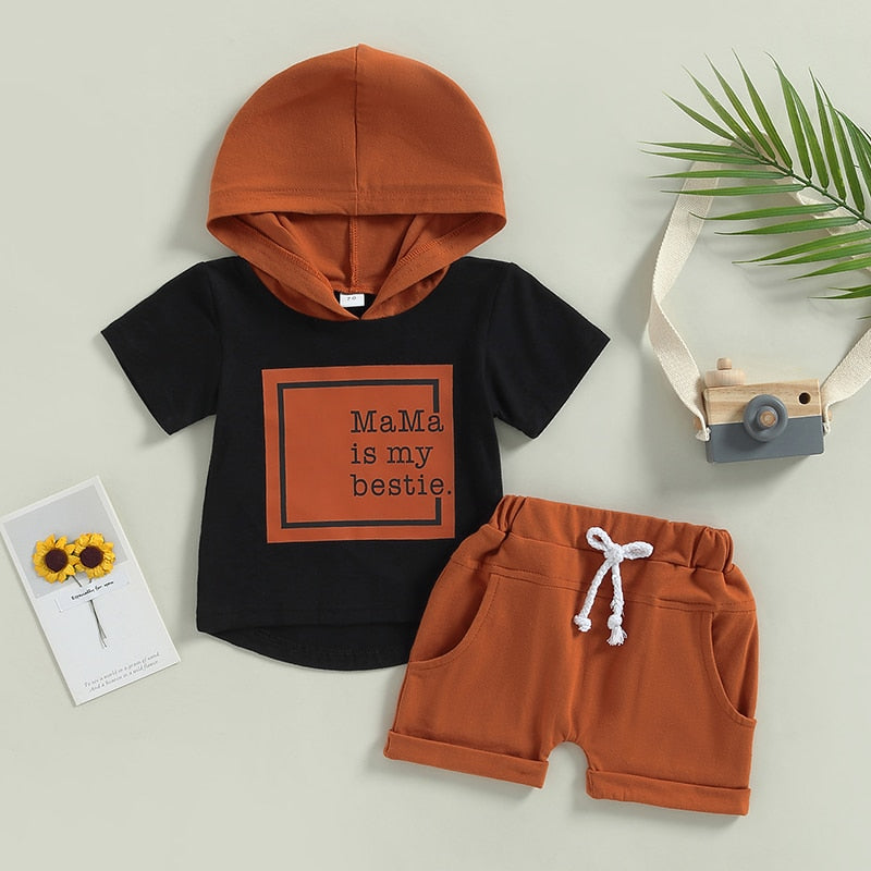 Trendy Summer Clothes Sets for Boys: Letter Print Patchwork Short Sleeve Hooded T-shirts+Shorts Tracksuits