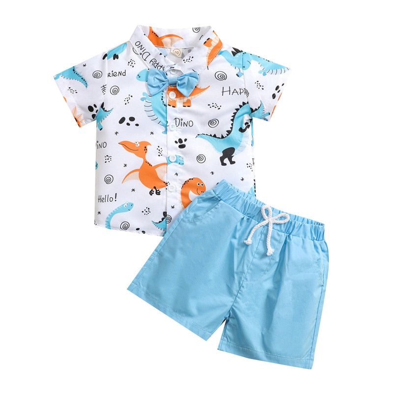 Stylish Summer Baby Boys Clothing Set - Short Sleeve Dinosaur Button-Down Collar Blouse and Drawstring Shorts