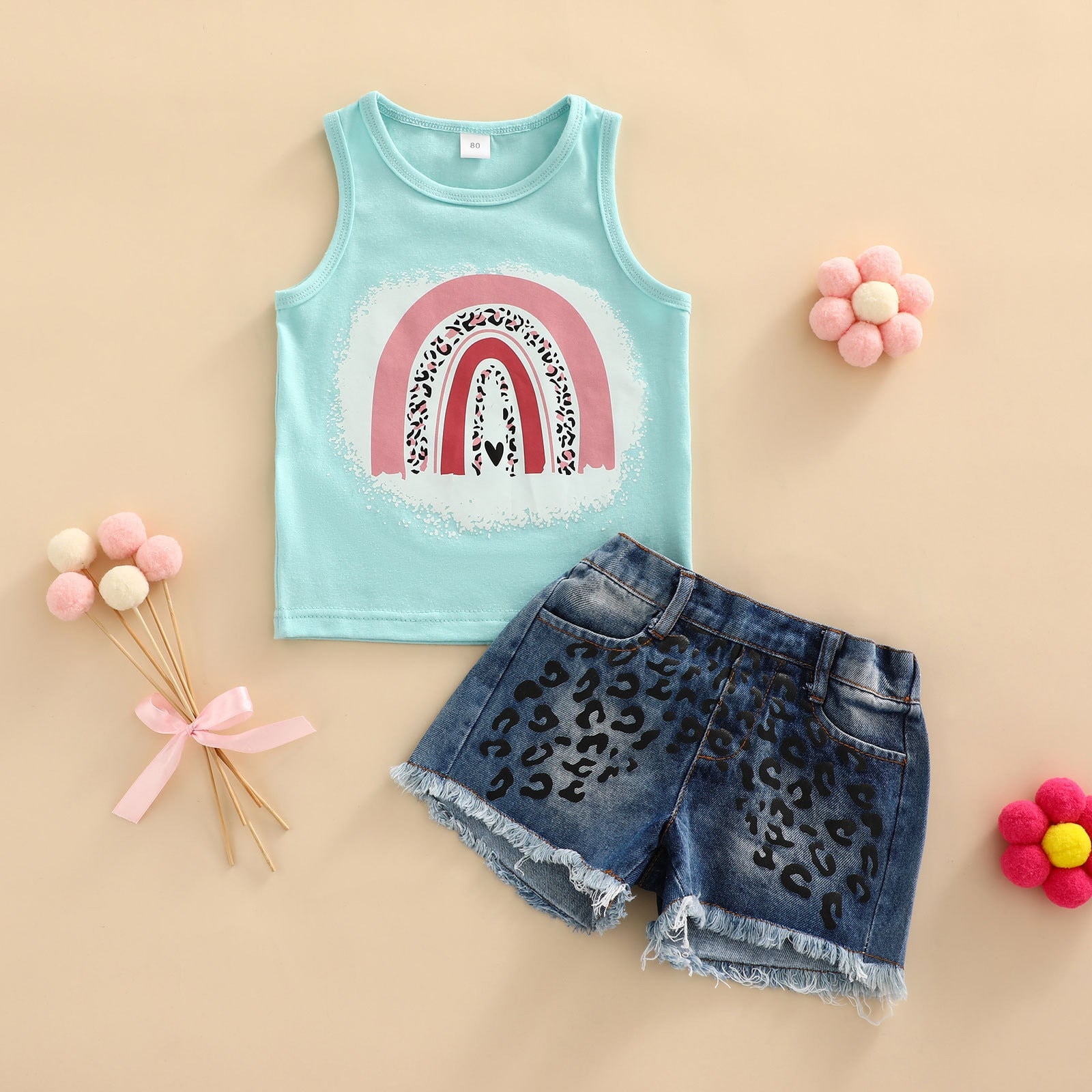 Summer Fashion Kids Girls Clothes Sets Leopard Print Sleeveless Vest Tops+Denim Shorts Sets