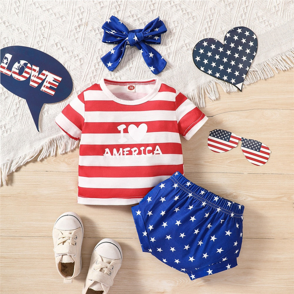 July 4th Baby Girls Outfits: Striped Top and Stars Shorts Set