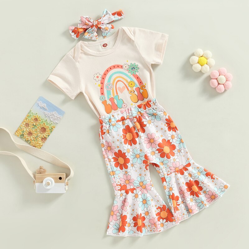 Adorable 3Pcs Rainbow and Floral Summer Outfit for Baby Girls