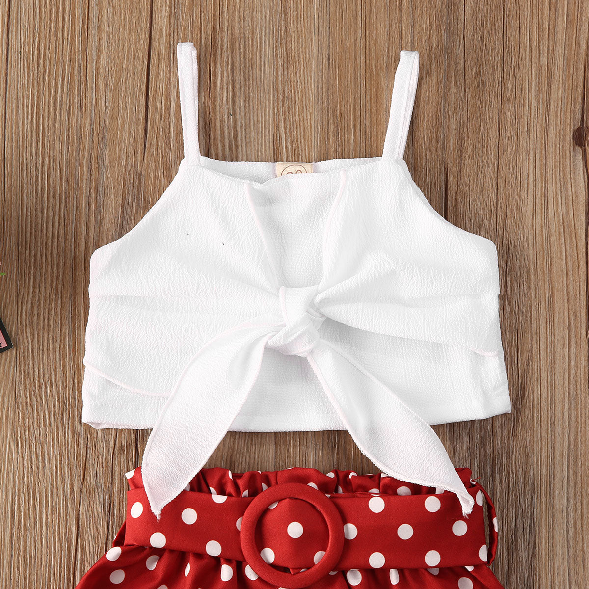 Toddler Baby Girl Summer Clothes Set - Solid Color Strap Bowknot Crop Tops Polka Dot Short Pants 2Pcs Outfits
