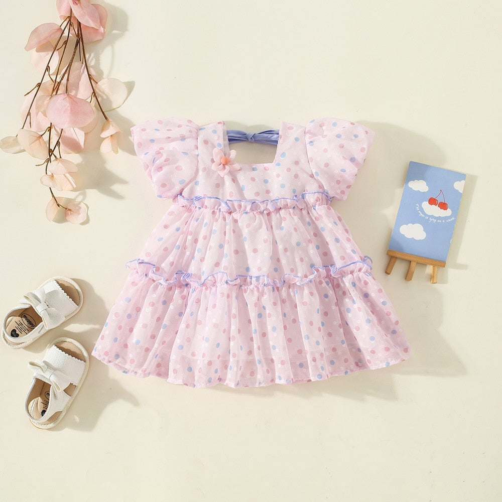 Summer Polka Dot Baby Girl Dress with Puff Sleeves