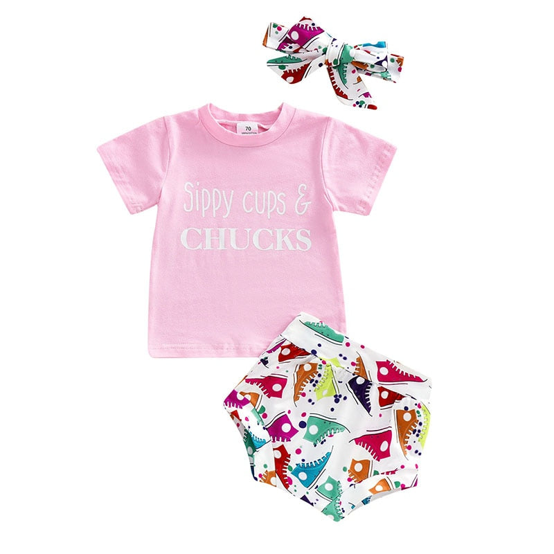Cute Infant Baby Clothes Set with Letter Short Sleeve T-Shirts and Printed Shorts