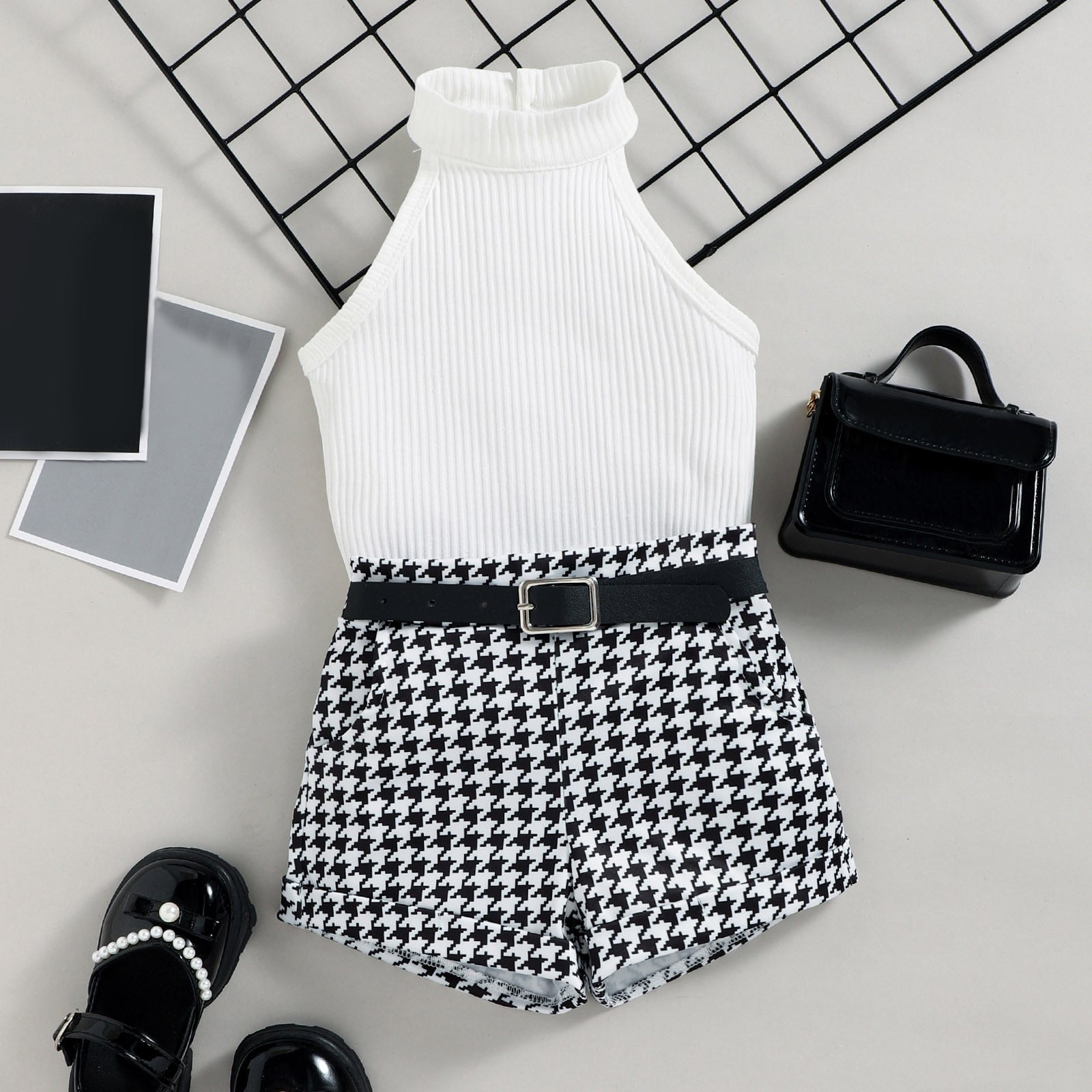 Little Girl's Sleeveless Ribbed Outfit Set - Solid Color Stand-Up Collar Top + Belted Shorts