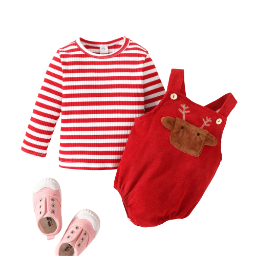 Adorable Baby Christmas Costume Set: Red Striped Top and Deer Overalls