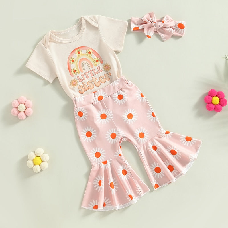 Adorable Newborn Baby Girls Summer Outfits Sets with Rainbow Print and Floral Flared Pants