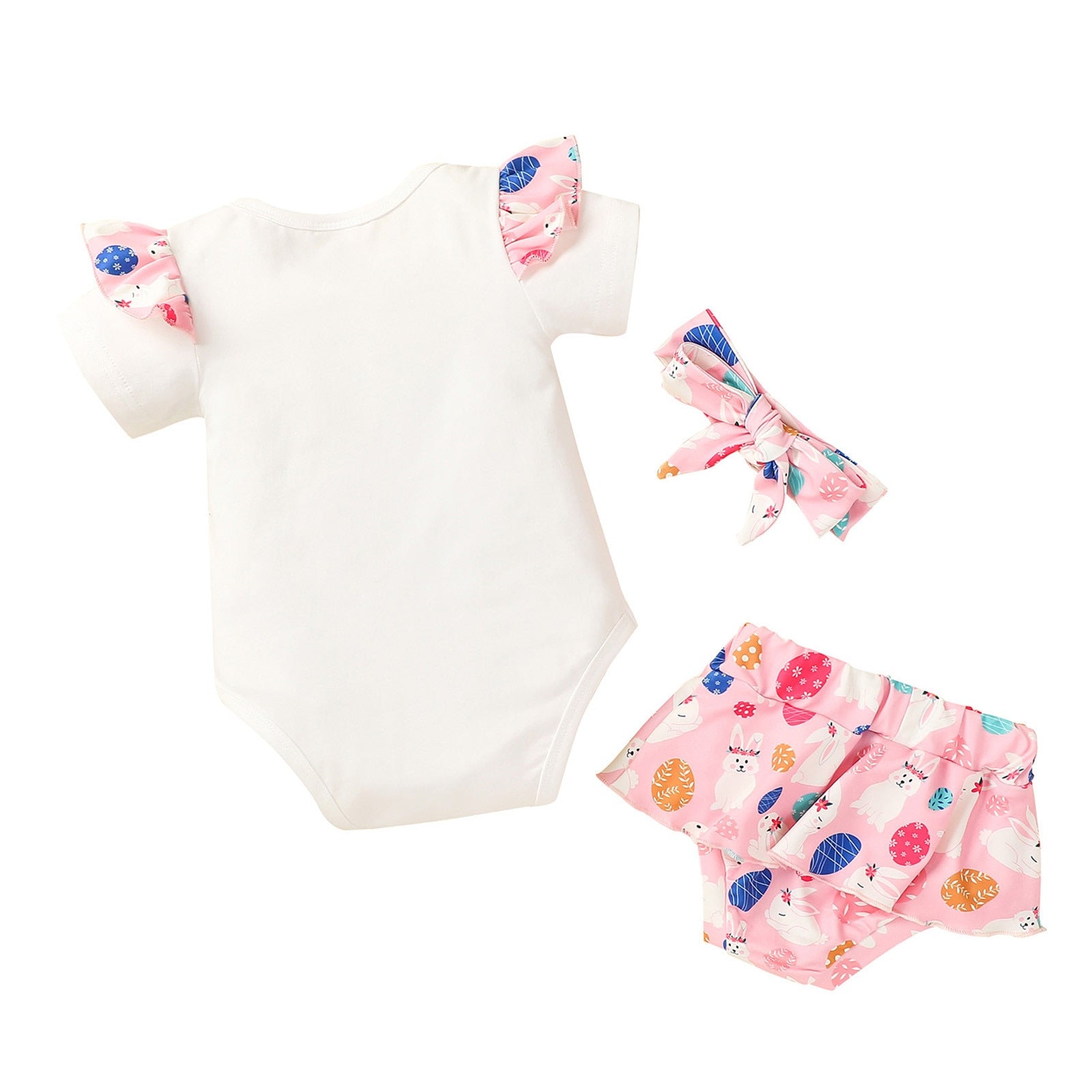 Adorable 3-Piece Baby Girl Clothes Set with Letter Print Romper, Cartoon Shorts and Headband