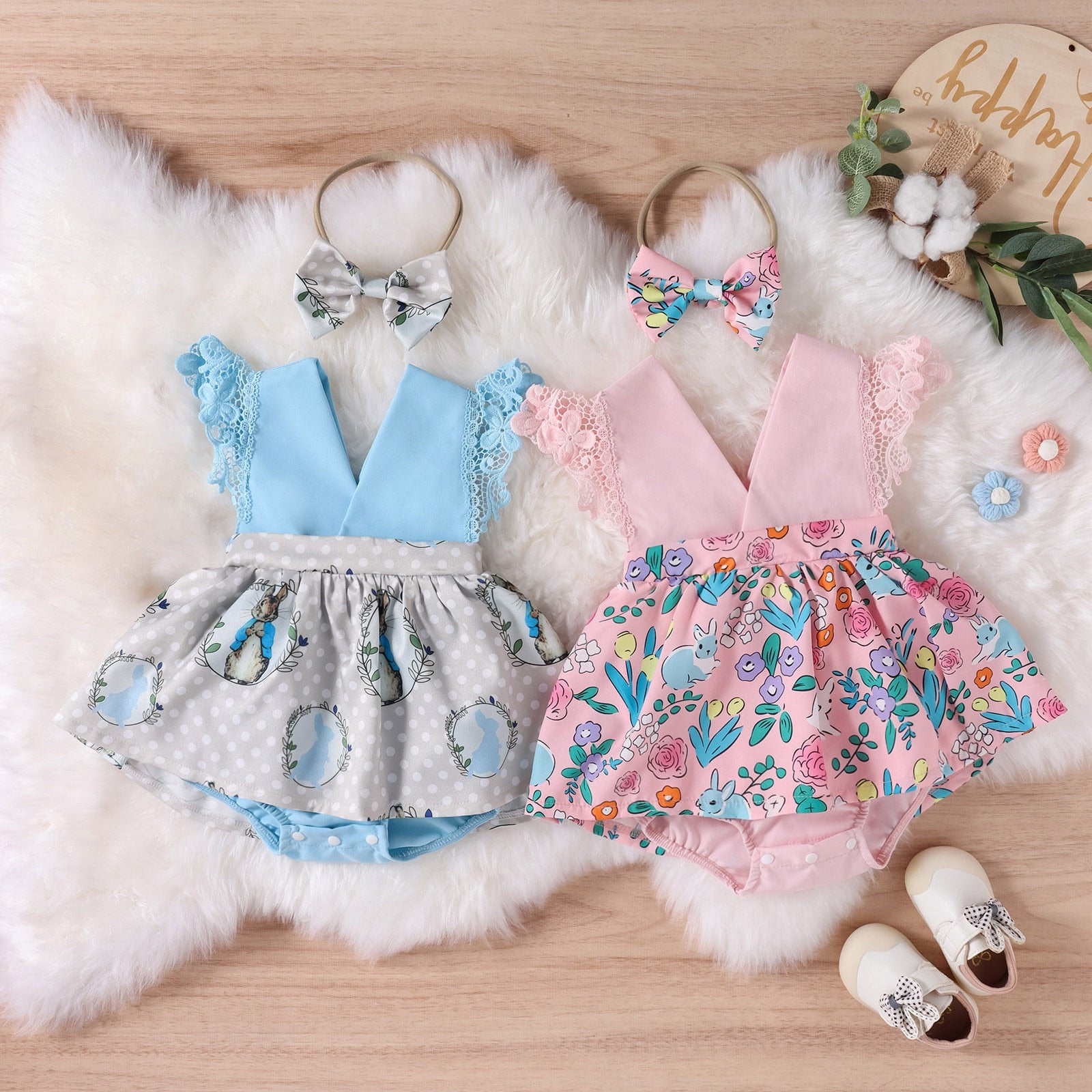 Adorable Easter Baby Girls Romper Dress and Headband Set