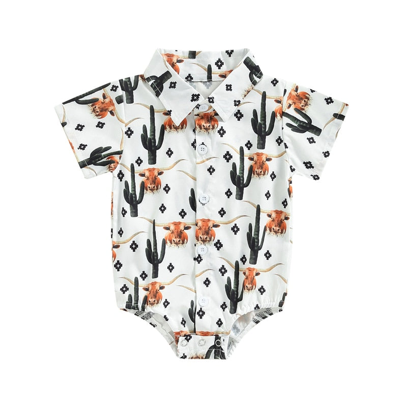 Adorable Vintage Baby Boys Shirts Bodysuits in 5 Colors with Cattle Cactus Print