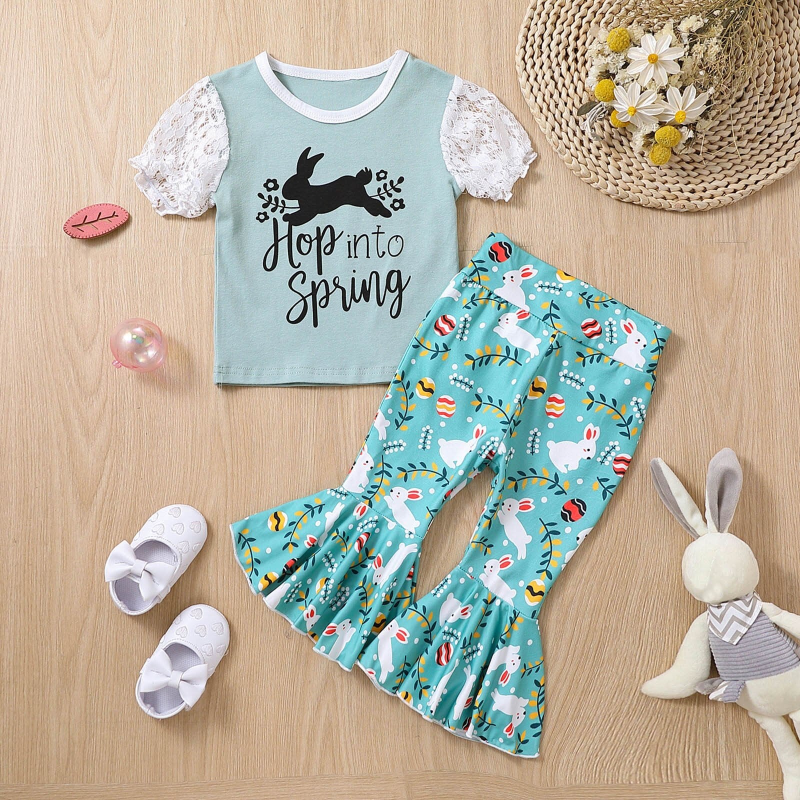 Adorable Easter Outfits for Toddler Girls - Short Sleeve Clothes Sets with Cartoon Rabbit Print T-Shirt and Bell Bottoms