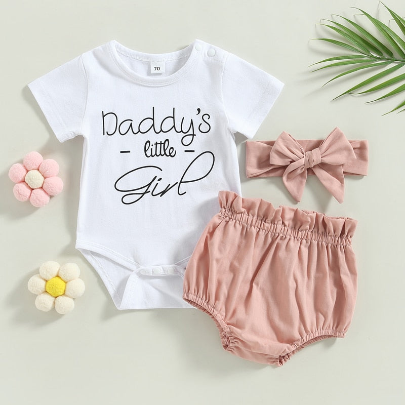 Lovely Baby Girl Summer Clothes Sets 0-18M Letter Print Short Sleeve Bodysuits+Ruffles High Waist Shorts+Headband Outfits