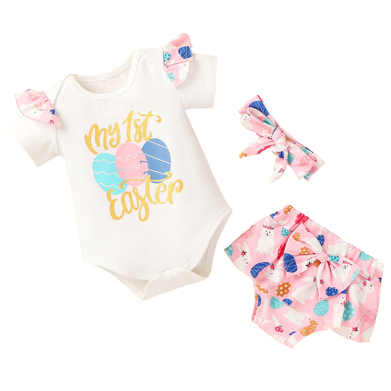 Adorable 3-Piece Baby Girl Clothes Set with Letter Print Romper, Cartoon Shorts and Headband
