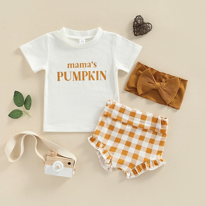 Adorable Holiday Baby Girl Outfit Sets: Halloween/Christmas Clothes Sets with Letter Print T-shirts, Ruffles Plaid Shorts, and Headband