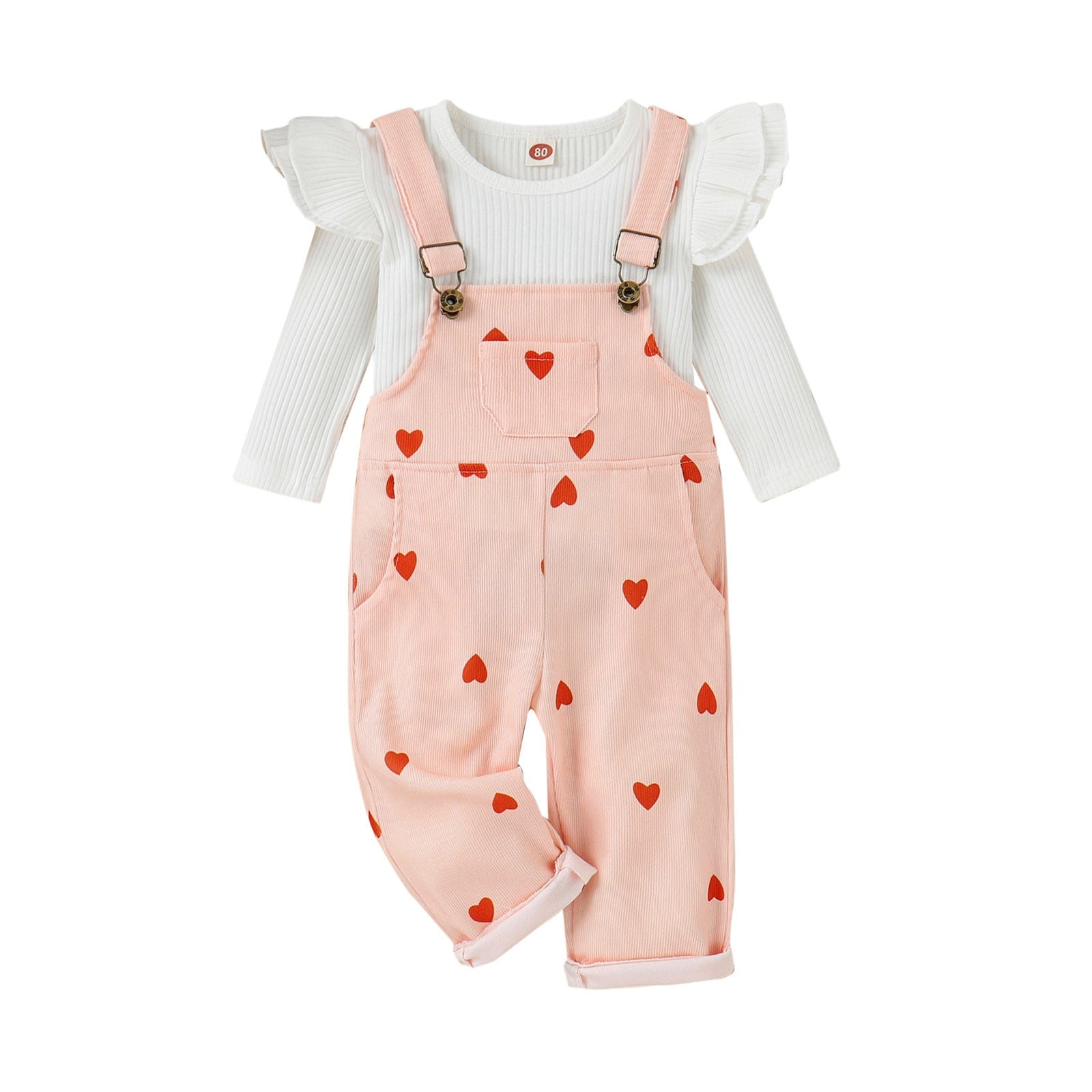 Valentine's Day Children's Fashion Clothes Set: Long Sleeve Tops and Heart Print Suspender Trousers for Girls