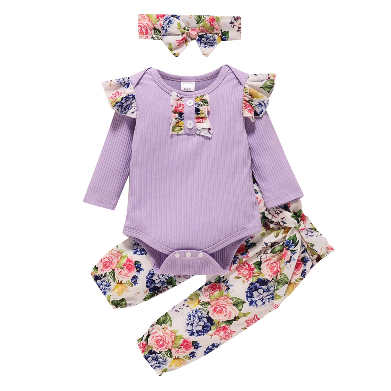 Stylish 3-Piece Newborn Baby Girl Clothing Set with Ruffled Romper, Bow Flower Pants and Headband