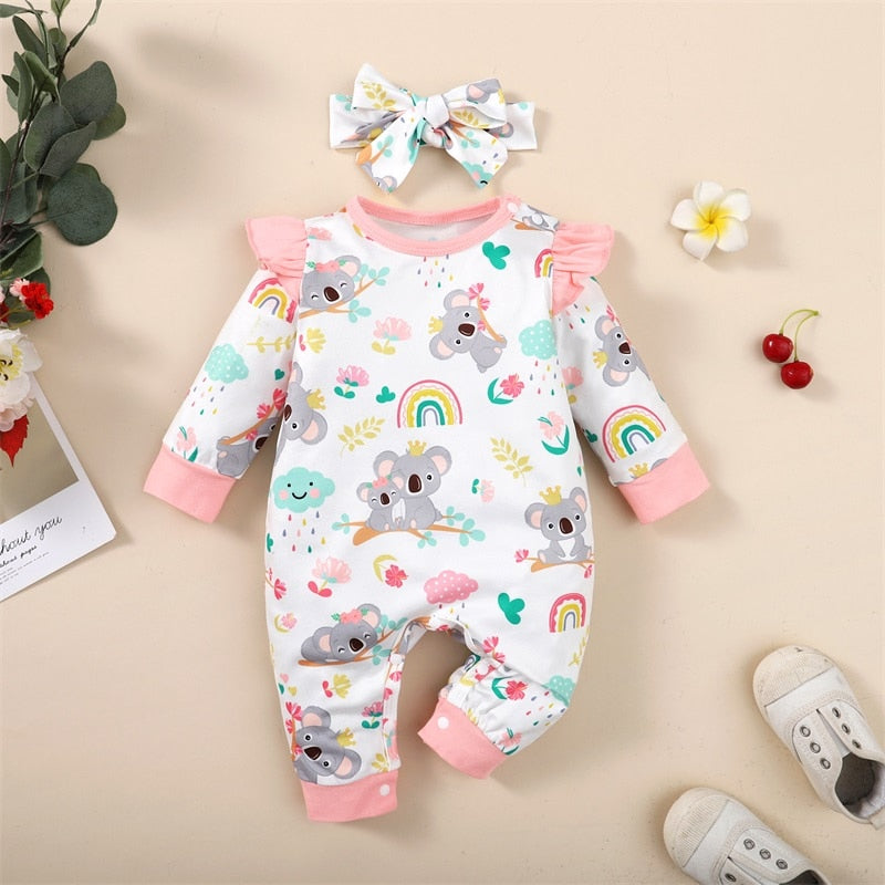 Infant Baby Girls Romper with Elephant Floral Print and Long Fly Sleeves
