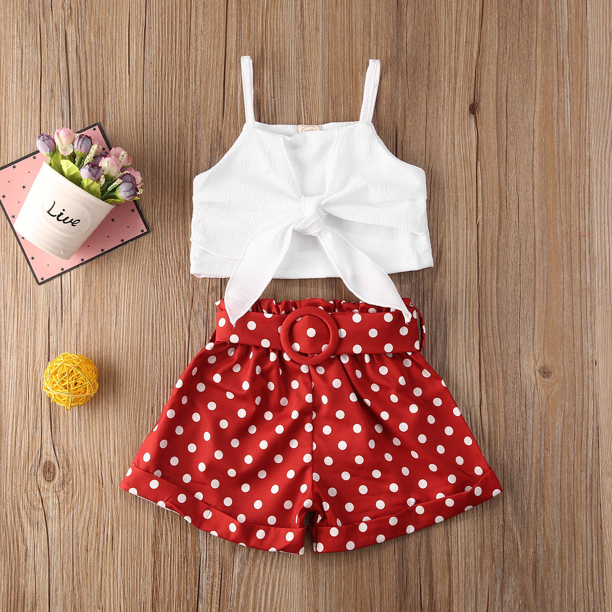 Toddler Baby Girl Summer Clothes Set - Solid Color Strap Bowknot Crop Tops Polka Dot Short Pants 2Pcs Outfits