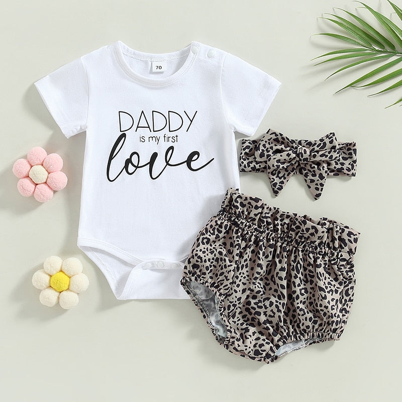 Lovely Baby Girl Summer Clothes Sets 0-18M Letter Print Short Sleeve Bodysuits+Ruffles High Waist Shorts+Headband Outfits