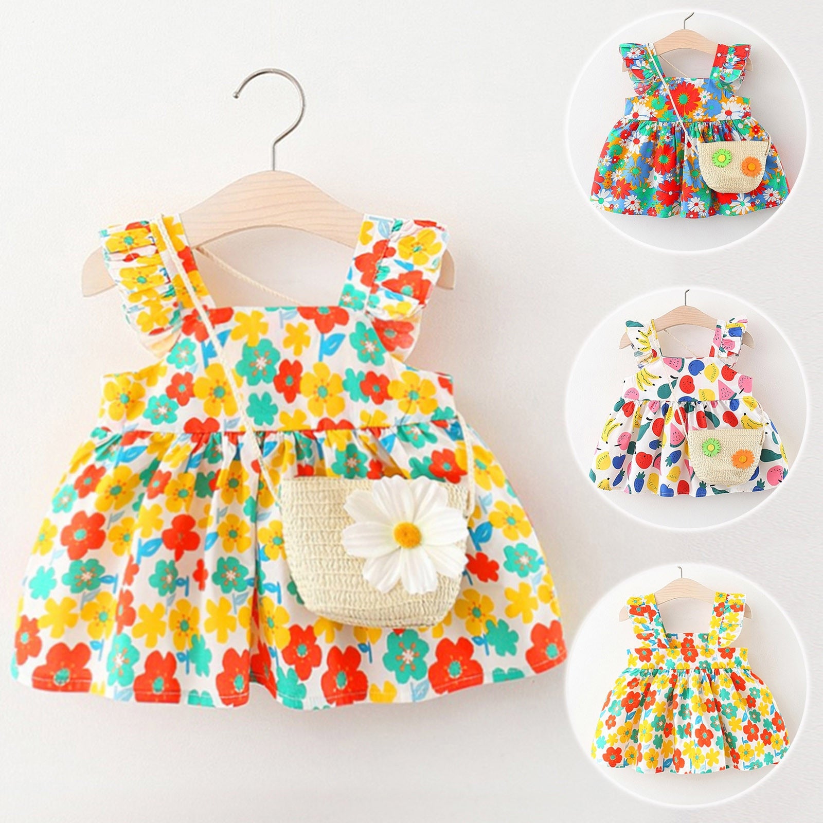 Summer Newborn Dress Flower Print Square Collar Princess Beach Flowers Dresses+Bag Little Girls Clothing