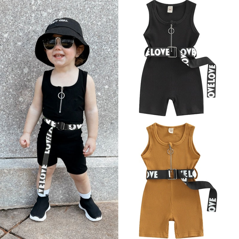 Fashion Kids Girl's Summer Jumpsuit 0-4Y Solid Sleeveless Zipper Ribbed Playsuit Shorts With Letter Printed Belt