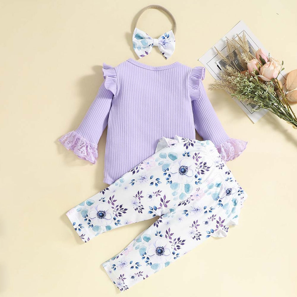 Cute and Comfortable 3-Piece Set for Newborn Baby Girls: Romper, Pants, and Headband
