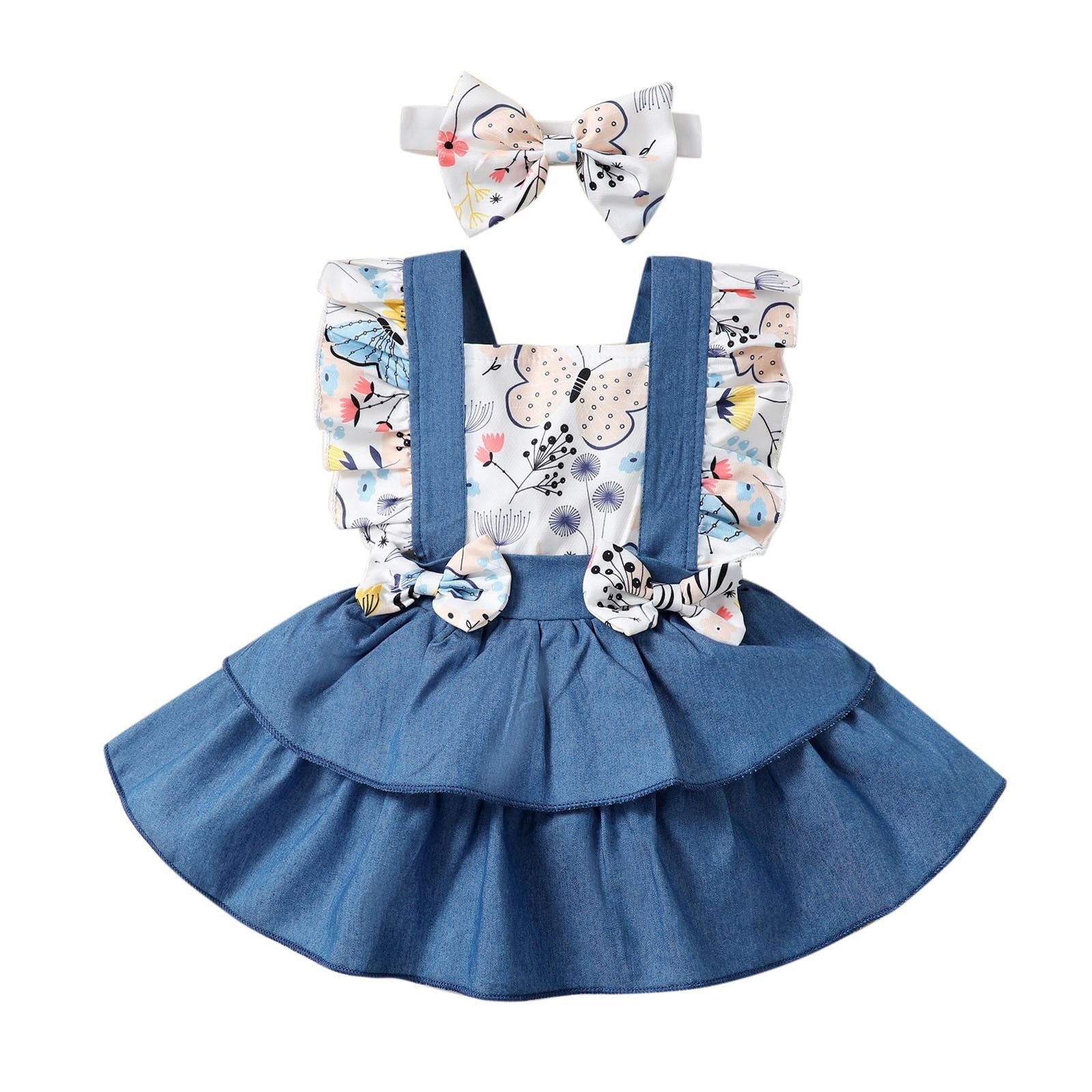 Newborn Baby Girl Summer Dress Set - Butterfly Print Party Princess Dress with Bow and Headband