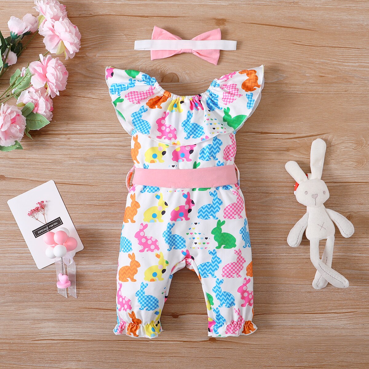 Easter 3pcs Baby Girl Rabbit Jumpsuit with Belt & Headband Set