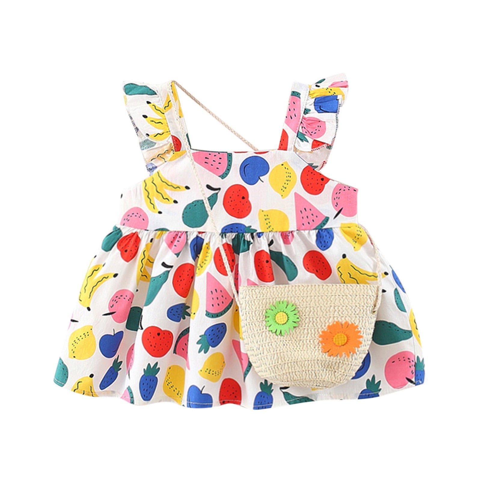 Summer Newborn Dress Flower Print Square Collar Princess Beach Flowers Dresses+Bag Little Girls Clothing